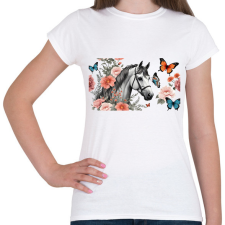 PRINTFASHION ló virágokkal és pillangókkal - Női póló - Fehér női póló