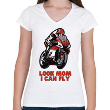 PRINTFASHION Look Mom, I can fly motoros - Női V-nyakú póló - Fehér női póló