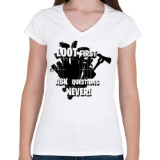 PRINTFASHION Loot first - Női V-nyakú póló - Fehér