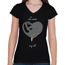 PRINTFASHION love my cat - Női V-nyakú póló - Fekete