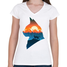 PRINTFASHION Macska a naplementében - Női V-nyakú póló - Fehér női póló