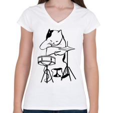 PRINTFASHION Macska dobol - Női V-nyakú póló - Fehér női póló