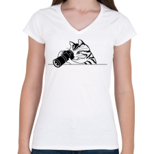 PRINTFASHION Macska fotózik  - Női V-nyakú póló - Fehér női póló