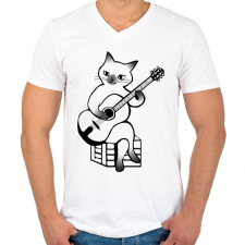 PRINTFASHION Macska gitározik - Férfi V-nyakú póló - Fehér férfi póló