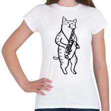 PRINTFASHION Macska szaxofonozik - Női póló - Fehér női póló