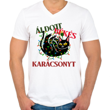 PRINTFASHION MACSKÁS KARÁCSONY - Férfi V-nyakú póló - Fehér férfi póló