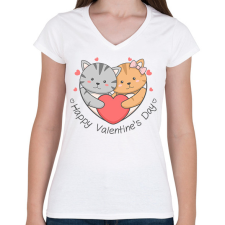 PRINTFASHION Macskás Valentin nap - Női V-nyakú póló - Fehér női póló