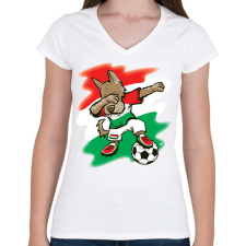 PRINTFASHION Magyar focis póló - Dabelő kutyával - Női V-nyakú póló - Fehér női póló