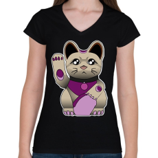 PRINTFASHION maneki neko - Női V-nyakú póló - Fekete