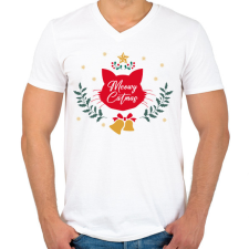 PRINTFASHION Meowy Catmas - Férfi V-nyakú póló - Fehér férfi póló