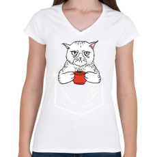 PRINTFASHION Mérges cica kávéval - Női V-nyakú póló - Fehér