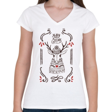 PRINTFASHION Merry Christmas Deer - Női V-nyakú póló - Fehér