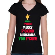 PRINTFASHION Merry Fcking Christmas Tree - Női V-nyakú póló - Fekete