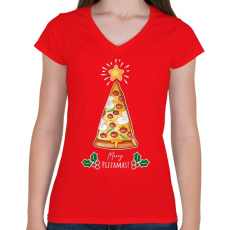 PRINTFASHION Merry Pizzamas fehér - Női V-nyakú póló - Piros