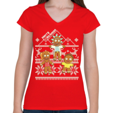 PRINTFASHION Merry Rickmas mézeskalács - Női V-nyakú póló - Piros női póló