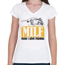 PRINTFASHION MILF horgász - Női V-nyakú póló - Fehér