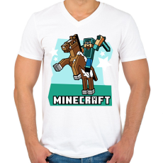 PRINTFASHION Minecraft Steve lovas póló - Férfi V-nyakú póló - Fehér