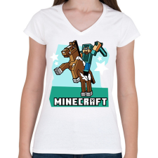 PRINTFASHION Minecraft Steve lovas póló - Női V-nyakú póló - Fehér női póló