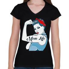 PRINTFASHION Mom Life - Női V-nyakú póló - Fekete