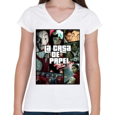 PRINTFASHION Money Heist - Női V-nyakú póló - Fehér női póló