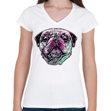 PRINTFASHION Mopsz - Női V-nyakú póló - Fehér női póló