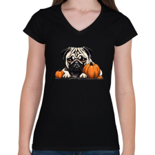 PRINTFASHION mopsz tökkel - Női V-nyakú póló - Fekete női póló