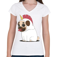 PRINTFASHION Mopsz unikornis - Női V-nyakú póló - Fehér