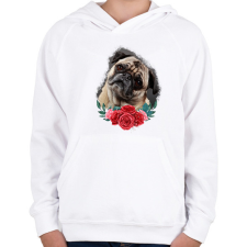 PRINTFASHION Mopsz virággal - Gyerek kapucnis pulóver - Fehér gyerek pulóver, kardigán
