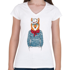 PRINTFASHION Mr. Fox - Női V-nyakú póló - Fehér