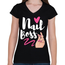 PRINTFASHION Műköröm - Női V-nyakú póló - Fekete női póló