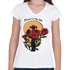 PRINTFASHION Music is my life - Rózsás gitár - Női V-nyakú póló - Fehér