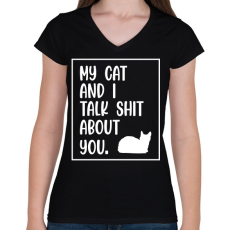 PRINTFASHION My cat and I - White - Női V-nyakú póló - Fekete