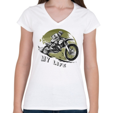 PRINTFASHION My life - Motoros minta - Női V-nyakú póló - Fehér
