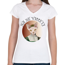 PRINTFASHION Na ne viccelj - Cicás - Női V-nyakú póló - Fehér női póló