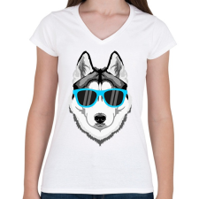 PRINTFASHION Napszemüveges Husky - Női V-nyakú póló - Fehér női póló