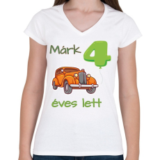 PRINTFASHION Narancssárga kocsi - Névvel, számmal - Női V-nyakú póló - Fehér