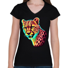 PRINTFASHION Neon gepárd  - Női V-nyakú póló - Fekete női póló