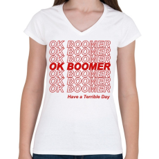 PRINTFASHION ok boomer - Női V-nyakú póló - Fehér