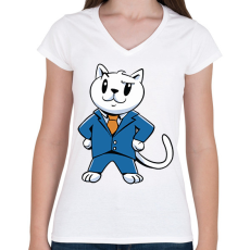 PRINTFASHION Öltönyös macska - Női V-nyakú póló - Fehér