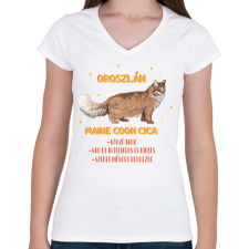 PRINTFASHION Oroszlán - Maine coon cica - Női V-nyakú póló - Fehér női póló