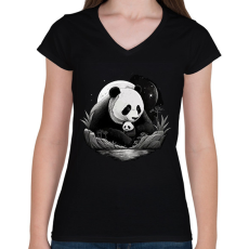 PRINTFASHION panda - Női V-nyakú póló - Fekete