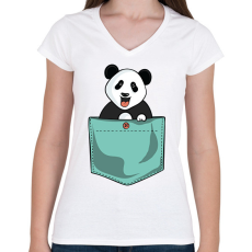 PRINTFASHION Panda zsebben - Női V-nyakú póló - Fehér