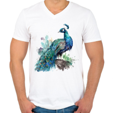 PRINTFASHION páva - Férfi V-nyakú póló - Fehér férfi póló