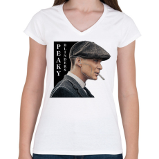 PRINTFASHION Peaky Blinders - Tommy Shelby vonalas - Női V-nyakú póló - Fehér