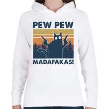 PRINTFASHION Pew Pew Madafakas cica - Női kapucnis pulóver - Fehér női pulóver, kardigán