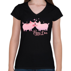 PRINTFASHION piggy_love - Női V-nyakú póló - Fekete