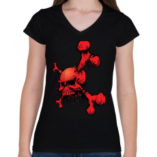 PRINTFASHION piros koponya - Női V-nyakú póló - Fekete