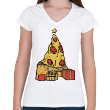 PRINTFASHION Pizza karácsonyfa - Női V-nyakú póló - Fehér női póló