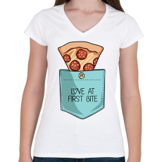 PRINTFASHION Pizzás zseb - Női V-nyakú póló - Fehér