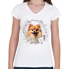 PRINTFASHION pomerániai törpespicc virágokkal - Női V-nyakú póló - Fehér